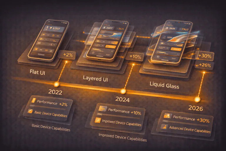 Timeline visualization showing how mobile app UI evolves toward Liquid Glass design by 2026