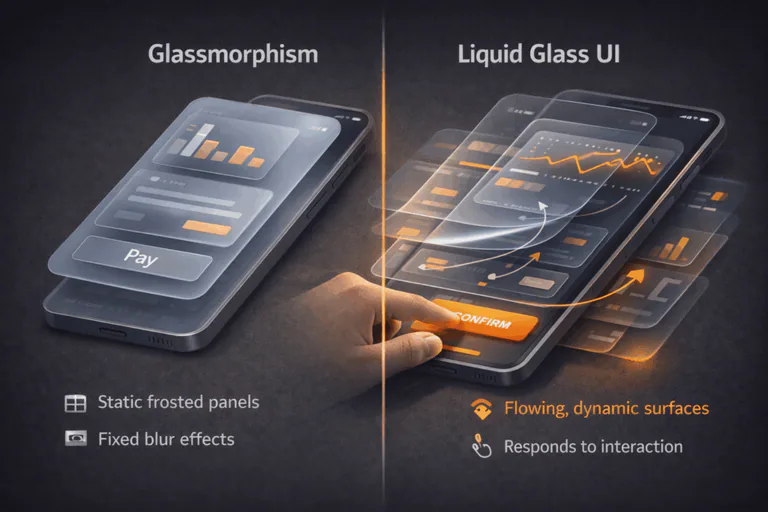 Comparison between glassmorphism and Liquid Glass UI showing static versus motion-driven interface behavior