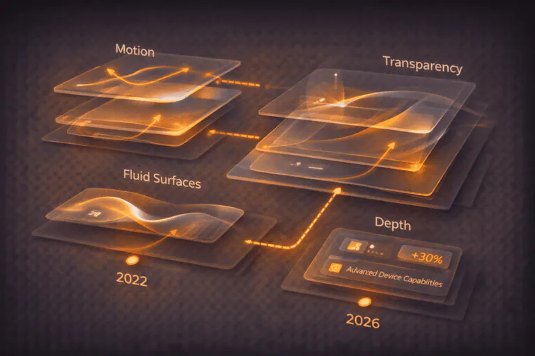 Conceptual visualization explaining Liquid Glass UI as a fluid digital material with motion, transparency, and depth