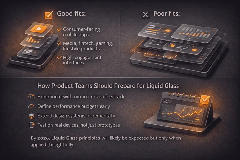 Comparison showing when Liquid Glass UI works well versus when it does not, including suitable app types and preparation steps for product teams